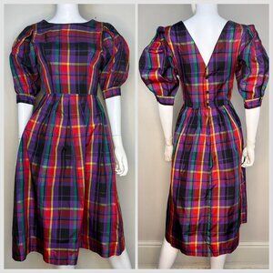 Vintage 1980s Jewel Tone Plaid Taffeta Dress, Huge Puffed Sleeves, Lanz Size XS